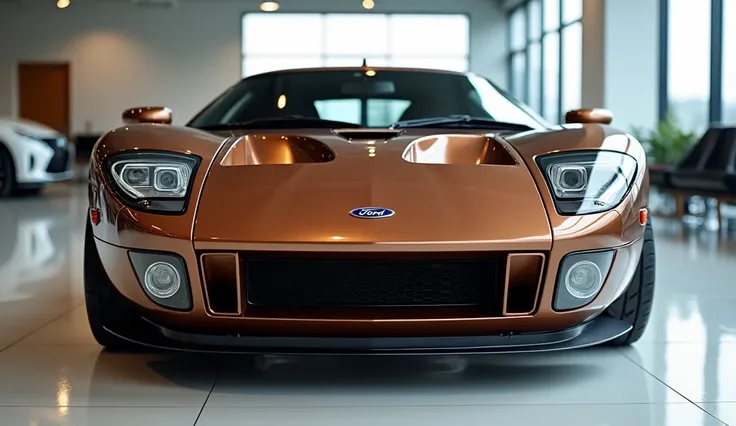 Front face view of painted  with Shiny chocolate color rules  2005 ford GT  in large shape car in large size with ford GT 2005 logo on its large detail grill in Shiny chocolate colour with angular sporty design captured from close backwith view with modifi...