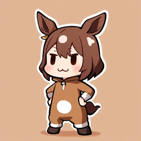 (= =, :3:1.5), chibi, girl, full body, hands on hips, looking away, horse costume