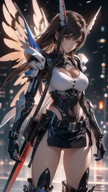  top quality 、 masterpiece、 Ultra HD、 Arad woman wearing futuristic suit，With wings and a sword,  girl in mecha cyber armor, 赛博朋克cartoon女孩机甲, 与有机体混合的cartoon,  Mechanical Valkyrie Girl , 完美的cartoon生化人女性,  cute girl, Female Mecha, Simple futuristic electroni...