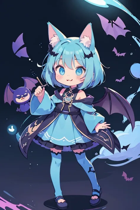 cel shading, cute style, fullbody, electric bat, blue color, bat ears, girl, fantasy clothes, masterpiece,cute, dinamic, electric theme