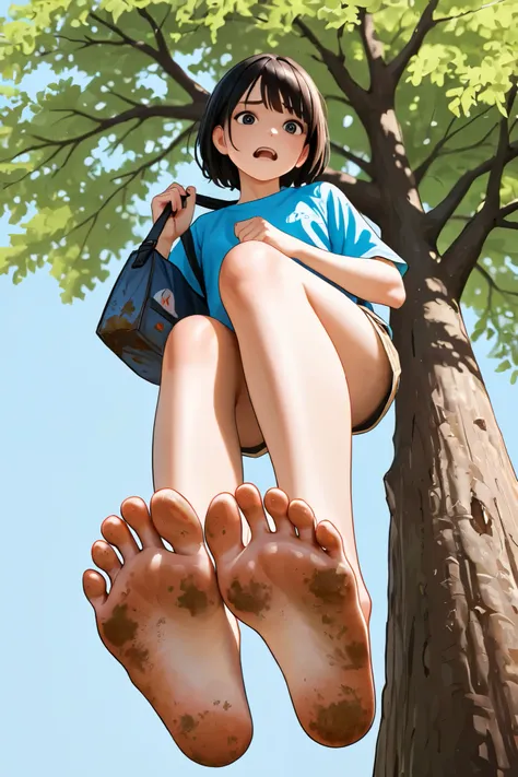 1girl, barefoot, solo, soles, tree, shorts, feet, foot_focus, from_below, open_mouth, day, blue_shirt, dirty, sky, outdoors, dirty_feet, asian, bag