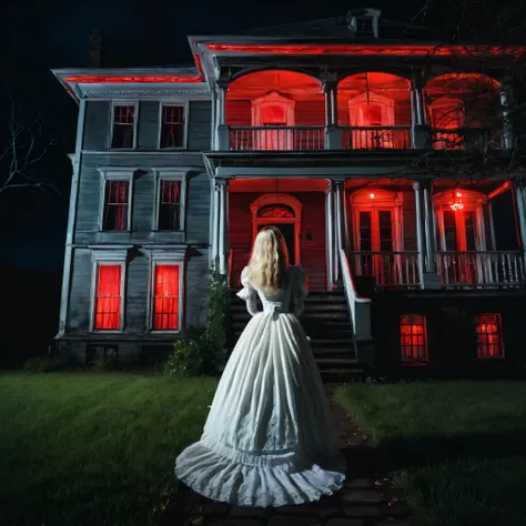 (Best Quality,high resolution,Masterpiece, wide-angle lens:1.2),Ultra-detailed, photography of a haunted house at night, a woman in a white victorian dress is seen from behind and is standing in front of the house, she's little in the image and the house i...