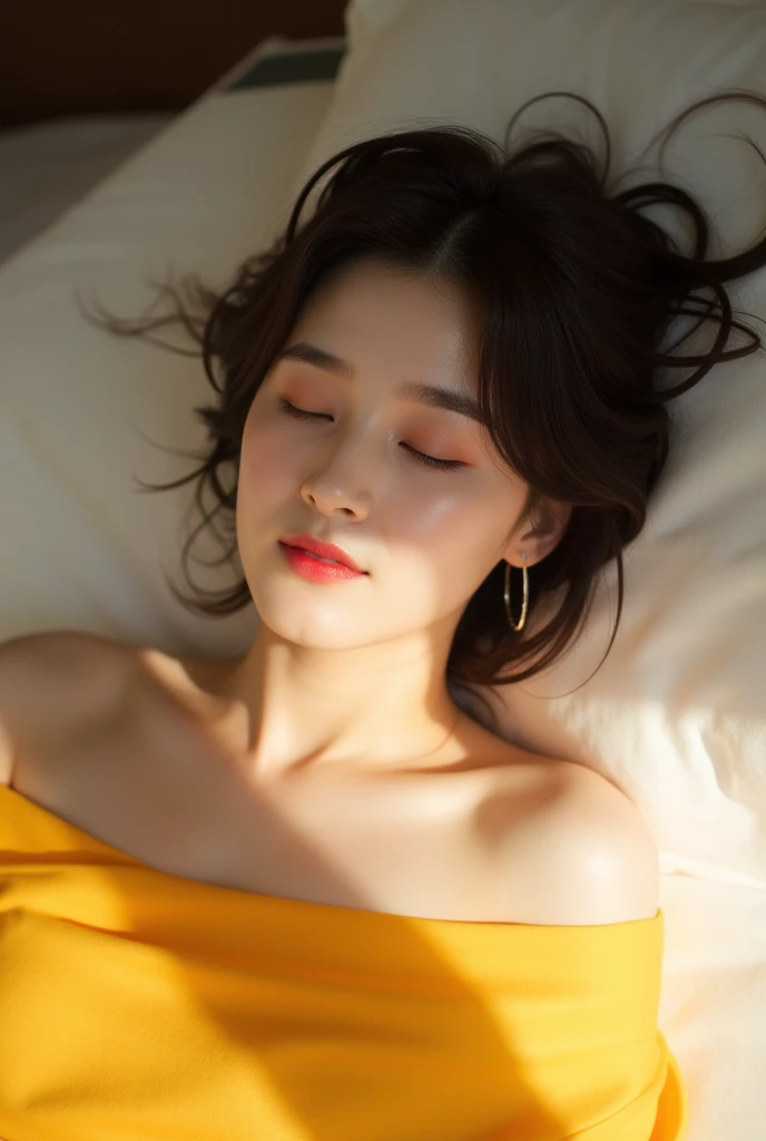 A beautiful Korean girl wearing a yellow saree she is bed lying and face smiles with sunfelection in face 