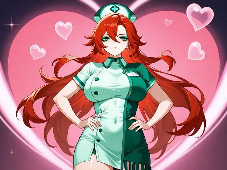 She wears light green eyeshadow, a Woman , hourglass body ,  long hair,  red hair, fringe ,  blue and green eyes,  two different eye colors ,  one person only, genshin impact style, heart bubbles power, in a sugestive pose, boobs showing, nurse dress