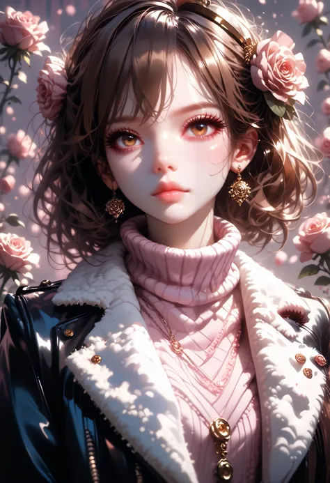 Girl, brown hair, brown eyes, sharp, calm features, white skin, shiny light pink lips, light makeup, perfect, sweater, leather coat, rose background .