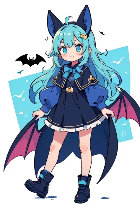 cel shading, cute style, fullbody, electric bat, blue color, bat ears, girl, fantasy clothes, masterpiece,cute, dinamic, electric theme