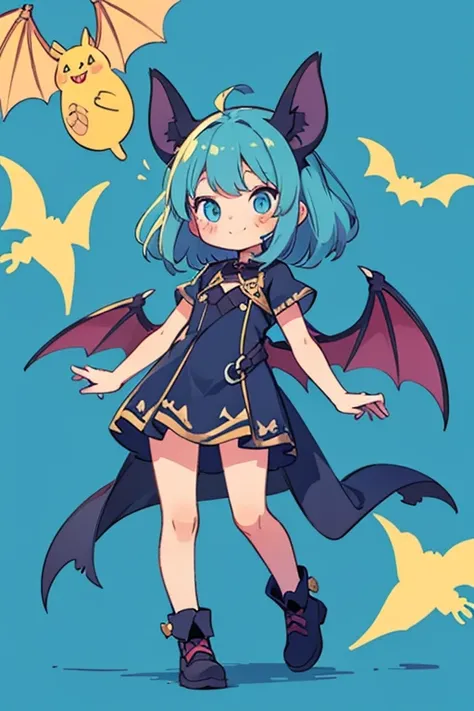 cel shading, cute style, fullbody, electric bat, blue color, bat ears, girl, fantasy clothes, masterpiece,cute, dinamic, electric theme