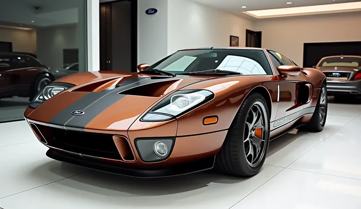 Front left side view of painted  with Shiny chocolate color rules  2005 ford GT  in large shape car in large size with ford GT 2005 logo on its large detail grill in Shiny chocolate colour with angular sporty design captured from close backwith view with m...