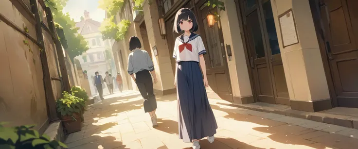 
 girl、 bob cut、  black hair、stupid hair、 Red Eye、 tree eyes 、Three white eyes、Sailor suit with long skirt、 glare、Old fashioned hallway background、 Masterpiece、 top quality、  detailed explanation 、 cute anime 、 illustration 、 high resolution,   attention t...