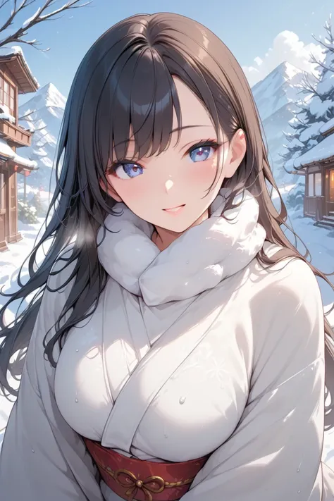 ( super high quality) Beautiful Japanese Woman stroking her bangs 、snow covered world,
