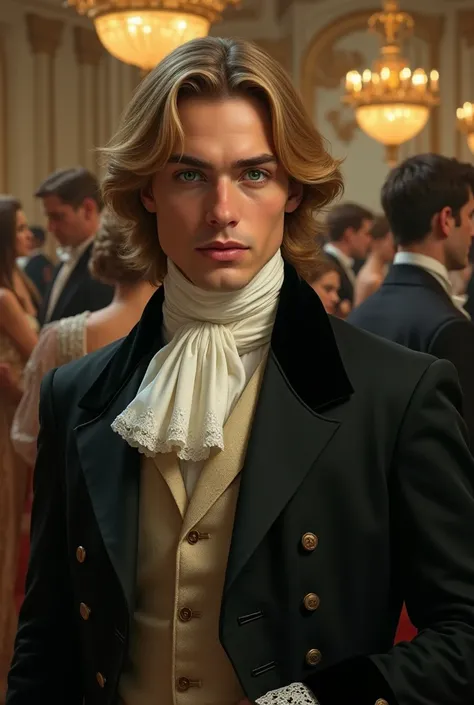 Attractive young man in his thirties with somewhat long blond hair and green eyes dressed in elegant clothing from 1860 at a London dance of the time. 