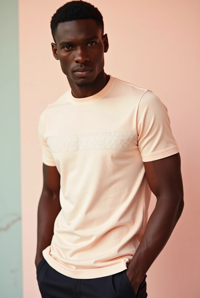 Designer t- shirt advert, featuring a male model wearing a pastel colored t- shirt featuring a Gucci style variation, depth of field, plain pastel background