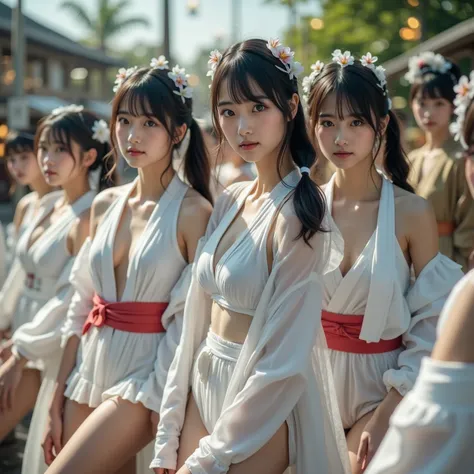 Exposed Open Gigantic Cleavage, CoveredNipple without Bra, Transform into 8K UltraDetailed Live-Action, Photorealistic, ExtremelyDetailed Professional Photography of KAWAII FUNDOSHI Girls at HAKATA GION YAMAKASA, FullBody from below, MagicHour Miracle, Eth...