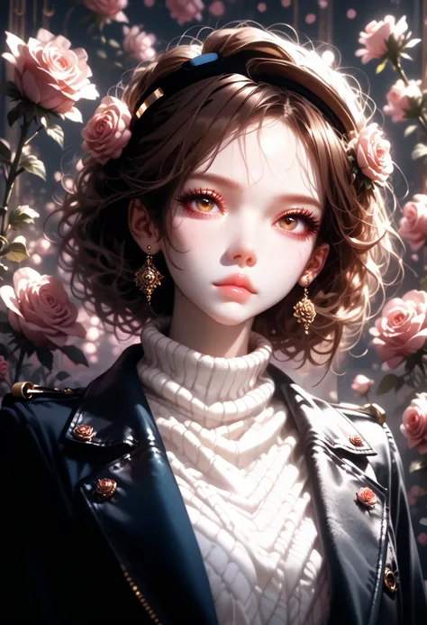 Girl, brown hair, brown eyes, sharp, calm features, white skin, shiny light pink lips, light makeup, perfect, sweater, leather coat, rose background .