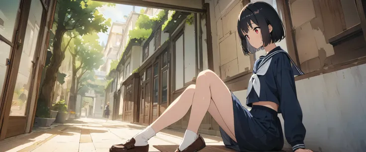 
 girl、 bob cut、  black hair、stupid hair、 Red Eye、 tree eyes 、Three white eyes、Sailor suit with long skirt、 glare、Old fashioned hallway background、 Masterpiece、 top quality、  detailed explanation 、 cute anime 、 illustration 、 high resolution,   attention t...