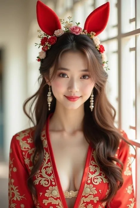 Beautiful Asian woman, 18 years.
Open chest, no buttoned shirt, Very large chest, size 45 inches,

A beautiful woman with long, wavy brown hair wearing a red and gold traditional outfit with intricate floral embroidery. She has a radiant smile and sparklin...