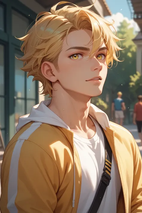 Boy. athlete. Yellow medium length hair,  yellow eyes