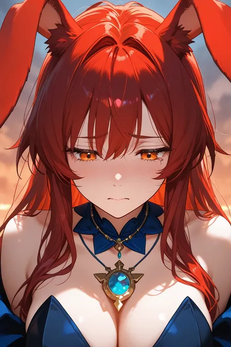 breasts, rabbit girl, red long hair,orange eyes,Blue necklace, tear up, sad