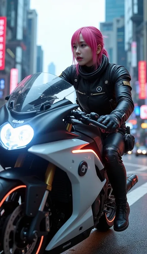  sniper girl . future.  pink hair with a scar.  riding a motorcycle  