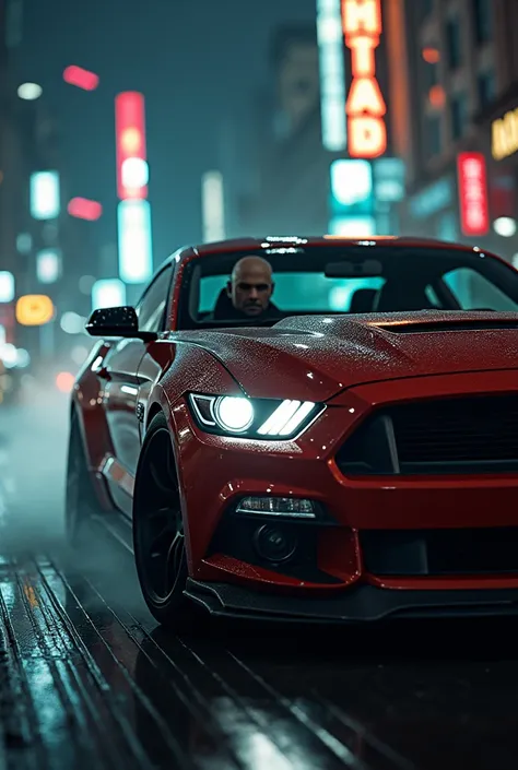 Agent 47 driving Ford mustang car