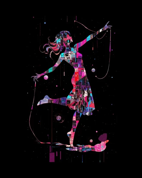 Negative Space Art, Optical Art. artistic graphic design, Black Background, Negative space in the form of a dancing woman's body, Negative space is Psychedelic collage of newspaper articles in Iridescent neon.