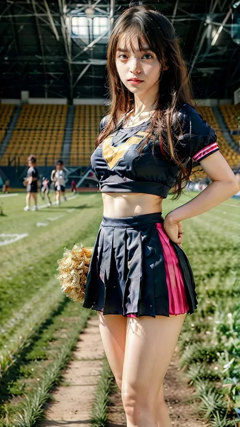 A beautiful young Japanese woman, 20 years old, with perfect anatomy, healthy thighs, beautiful feet, flawless skin, random hair color and style, large bust, (she is standing:1.2), wearing a cheerleader uniform with micro-pleated miniskirt, in a full body ...