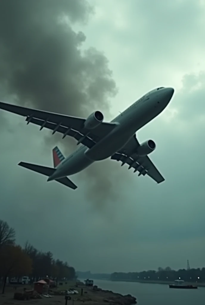 Create an intense moment of a large aircraft in mid-crash, descending rapidly toward the Potomac River near Washington, D.C. The airplane should have visible damage to its wings and body, with smoke trailing from the engines. The sky is overcast, with dark...