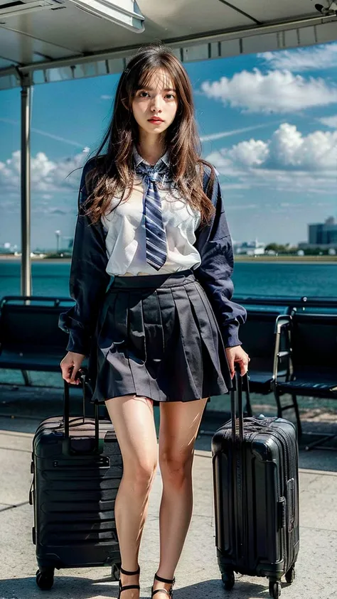 A beautiful, 24-year-old Japanese woman with perfect anatomy, healthy thighs, beautiful legs, beautiful skin, random hair color and style, large breasts, (wearing a flight attendant uniform with a mini-skirt:1.3), (she is standing:1.2), full body shot, pum...