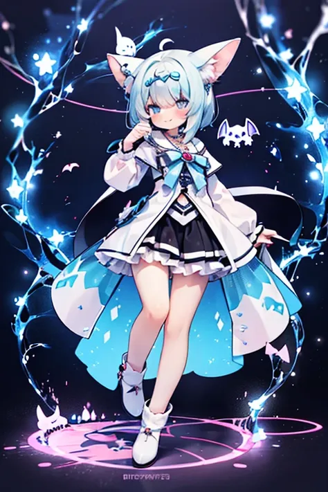 cel shading, cute style, fullbody, electric bat, blue color, bat ears, girl, fantasy clothes, masterpiece,cute, dinamic, electric theme