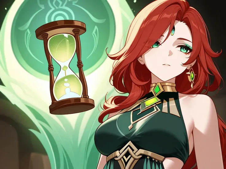 She wears light green eyeshadow, a Woman , hourglass body ,  long hair,  red hair, fringe ,  blue and green eyes,  two different eye colors ,  one person only, genshin impact style, in a sugestive pose, boobs showing 