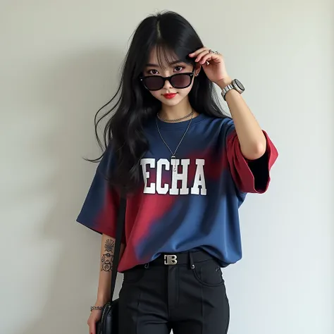 Realistic 3D original photo. a long-haired jepang girl dyed deep black, wearing intense sunglasses, blue en red oversize t-shirt and written,,ECHA,, on it ,and wear a black bag, wears black trousers , white nike shoes,  white watch black necklace, the girl...