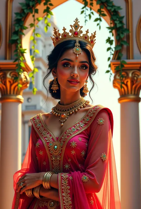 A realistic image of a cute little indian  lady as a Princess, in very big and beautiful house and in house there are all around diamond, wearing a crown and a royal attire and she is very very beautiful and gorgeous and besides her is a large size '31' cu...