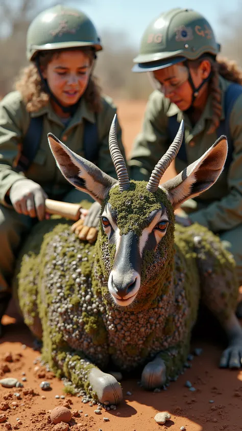 A hyper-realistic and detailed image of a springbok whose body is fully covered in millions of barnacles and coated in green parasite moss. The animal appears weak and distressed, with patches of irritated skin peeking through. A young rescue worker, a gir...