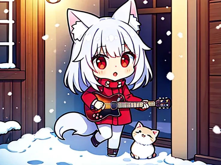 solo。 wolf girl。 Silver Hair。 shortcuts。 red eyes。 red coat。 white muffler。 and plays the guitar。A brown cat is walking。Street Corner。snow