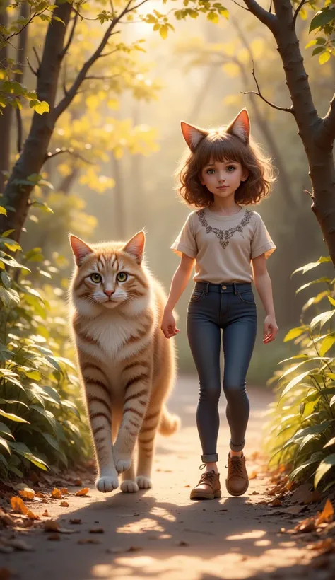 A young  walking alongside a cat that is the same size as them. The , around five years old, has a joyful expression while gently holding the cat’s fur. The cat, a majestic and fluffy feline, walks gracefully beside the  as they explore a peaceful forest p...