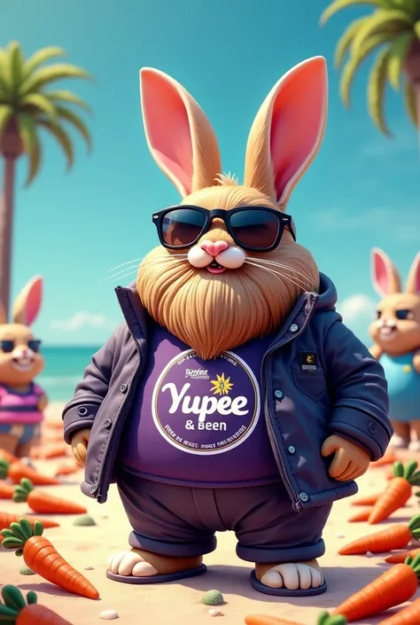  make me the art toy style image Where is a chubby rabbit with a beard dressed in beach clothes and dark glasses and an open windproof jacket and that on the flannel below it says " YUPEE TEAM by bigmike" As a logo and make it legible  , The colors have to...