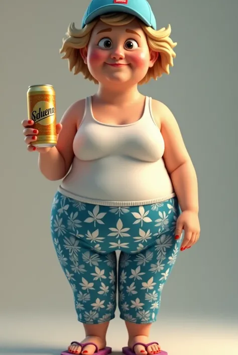  Pixar-style 3D image of a white woman , 60 years old brown hair , with very short hair, Peaked and golden blonde , blonde eyebrow ,  black eyes ,  chubby girl, wearing long sleeveless strap t-shirt ,  long blue Lycra leaf print shorts ,  nails painted red...