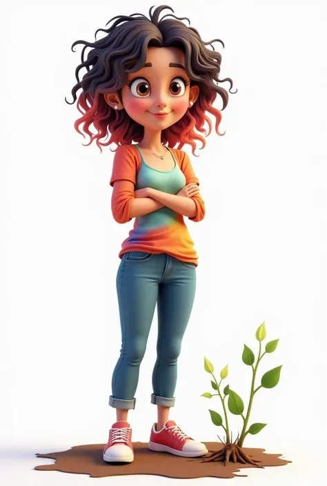 3d cartoon image of 45 year old woman, size 10, in spiritual grounding exercise, curly hair with coloured streaks, wearing jeans, runners and multi coloured top, transparent background. roots growing from her feet going in the ground