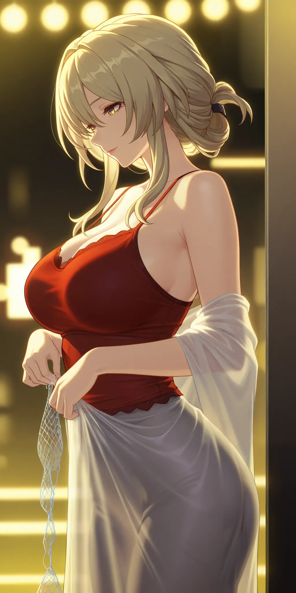 masterpiece, best quality, mature woman, milf, blonde hair, chignon hair, camisole, honkai: star rail cg style, upper body, dynamic lighting, yellow light, Red and black colour costume.side view. light transparent dress, tight breast, costume fishing net s...