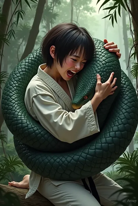 Karate girl wrapped around a giant snake　Are karate girls Japanese with short brown hair　pinch　scream　Cry　sweat　Scream　Strangled by snakes　Serpent's Head　be wrapped around a snake　Your body is being compressed　On the brge of predation　 Jungle　Aariobi 　hot　...