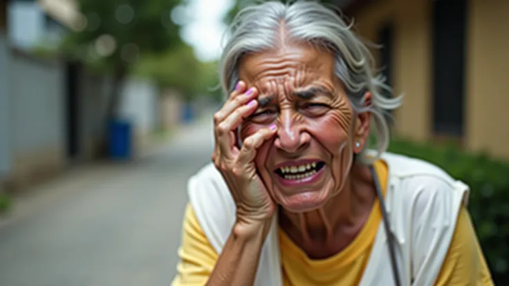 A 60-year-old Brazilian lady crying with one hand on her face and the other hand pointing forward as if she were accusing someone. She's on a sidewalk, The clothes are white and yellow. ultra realistic 4k. 