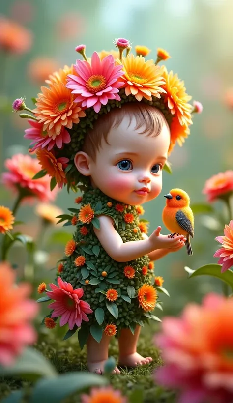 A hyper realistic baby with a real flower costume on a colorful flower plantation holding a bird kisses a flower on the finger of the hand 