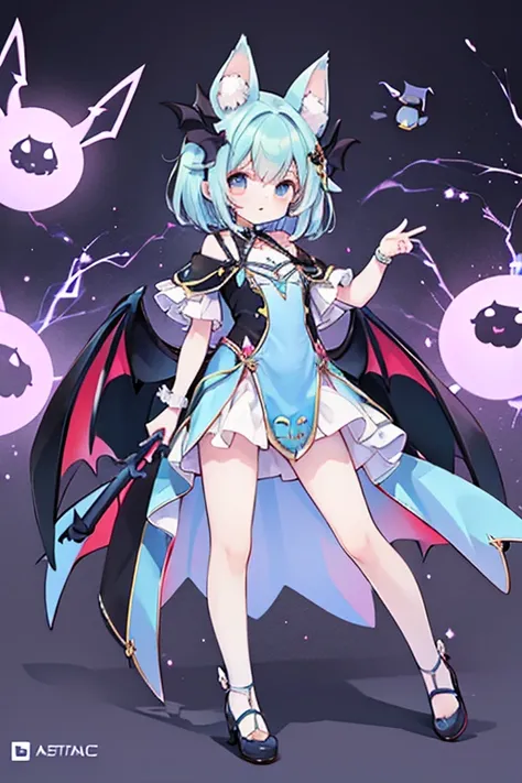 cel shading, cute style, fullbody, electric bat, blue color, bat ears, girl, fantasy clothes, masterpiece,cute, dinamic, electric theme