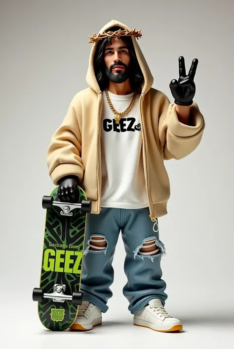 A stylized Jesus Christ action figure with a modern streetwear look. He wears an oversized beige hoodie, a white t-shirt with the word 'GEEZ' on it, ripped jeans, and white sneakers. His head is adorned with a crown of thorns, and he wears a gold necklace....