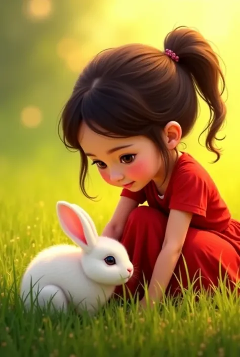 A small, frightened white rabbit sitting in the grass, looking scared. A young girl, wearing a red dress and a ponytail, gently kneels down to approach the rabbit with a caring expression."