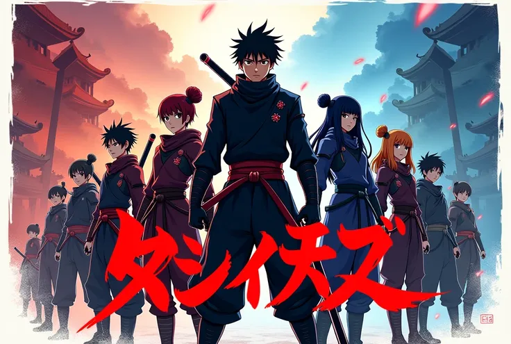 J'aimerais une affiche d'anime  shonen 
qui dit televisée gratuite ninja kamui 2 en lettre Japonais. avec plusieurs personnage Charismatic.
en Arrière plan. [ date ]  
[DVD ] 