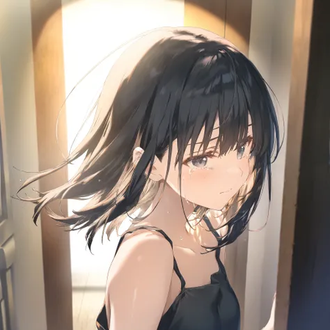 1girl, crying, black short hair, a girl crying alone in her room, bedroom corner, black eye, Medium hair, shoulder length hair, wind,fantasy, game CG, break,(artist:mitsumi_misato),artist:fujiyama,artist:kokonoka, break,(masterpiece), (best quality), (ultr...