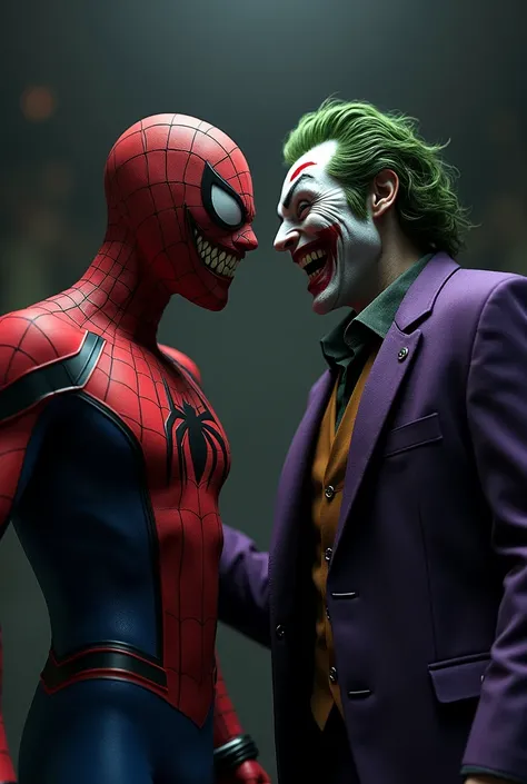 spiderman and joker laughing towards screen