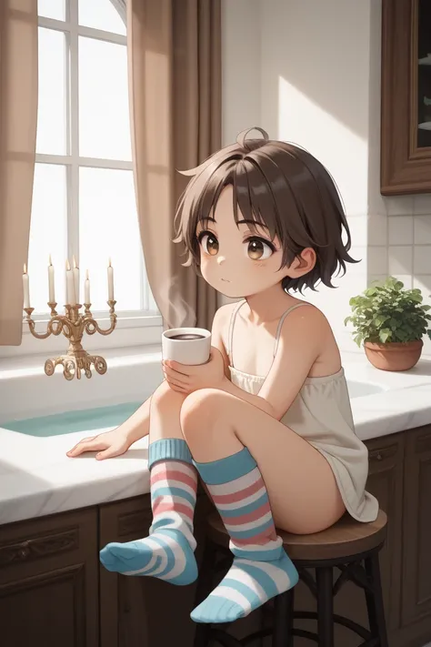 2 cute tomboys 、 lesbians、Age 30、 short disheveled brown hair 、 cute round face with thick build 、 brown eyes、 flat chest、 short、 thick build 、without a bra、 wear bath towels on their naked bodies without panties and colorful striped knit socks up to the k...