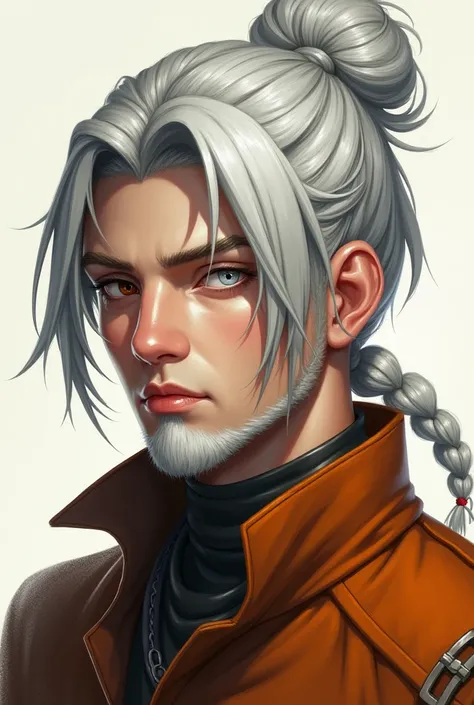 Create me a man in his mid-twenties with a high-tied braid in silver hair he has a short three-day beard he has a brown and white eye and he wears an old Nis uniform that is dark orange and brown